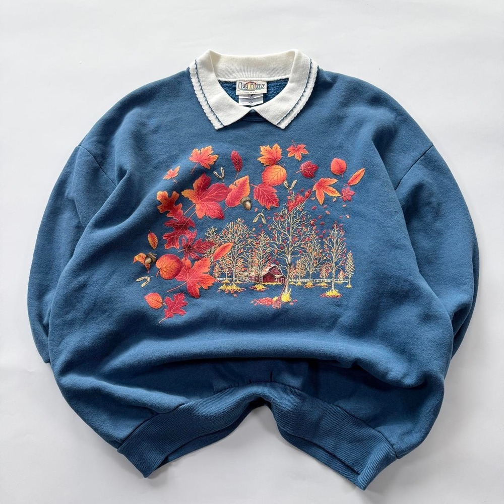 Vintage Day Breeze Women's XL Blue Fall Leaves Collared Sweatshirt